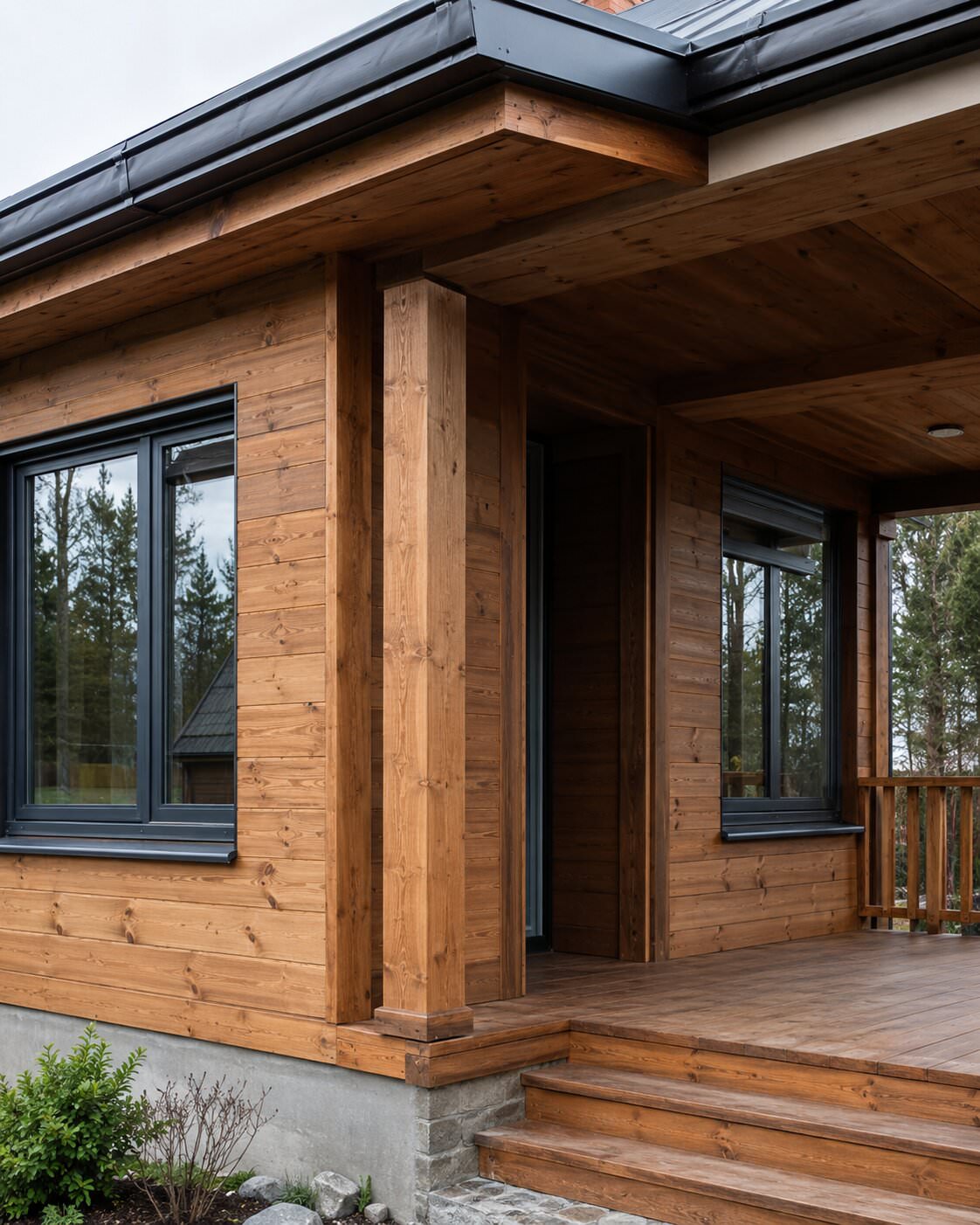 Ahşap bungalov cephe ve veranda detayı