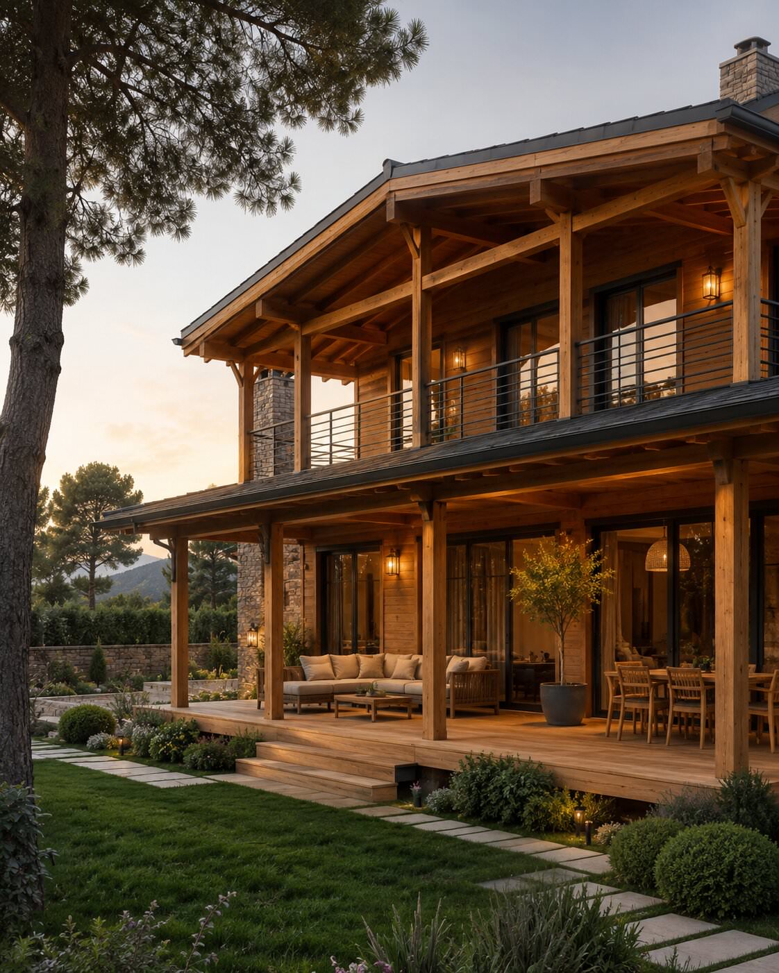 Bahçeli ahşap villa ve teras yaşam alanı