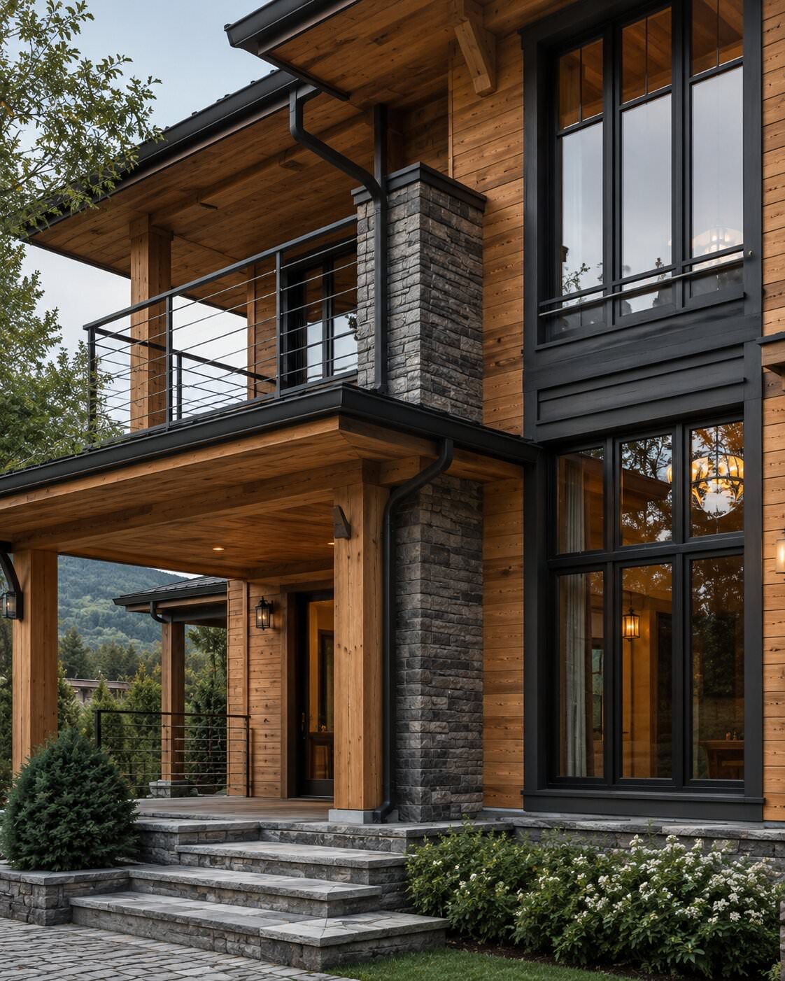 Ahşap villa cephe, pencere ve teras detayı
